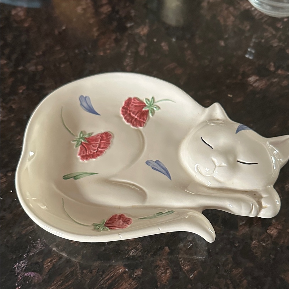 Lenox Poppies on Blue Cream and Red Floral Cat Dish